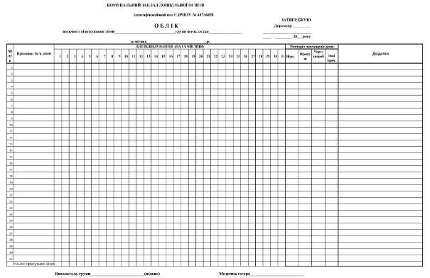 Бланк Табель відвідування дітей А3